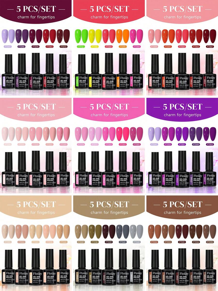 5 Colors Gel Nail Polish Set, Multiple New Color Combinations, Long-Lasting Removable Light-Cured Gel, Semi-Permanent Effect Soak-Off UV/LED Clear Polish, Versatile Color Palette Full Set Gel Nail Polish, Professional Nail Tools, Best Choice For Women's Nail Art - 01 - View 1