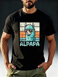 Premium Summer T-Shirts For Men, Comfortable, Breathable, And Quick-Drying For Adults. Fun Vintage T-Shirt For Adults Featuring The Alpaca "ALPAPA" Wearing Fashionable Glasses Against A Distressed Striped Background. Cool Blue And Orange - 黑色 - 查看 6