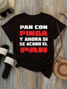Camiseta de Mujer Casual de Corte Holgado, Opciones en Blanco y Negro, Camiseta con Estampado Gráfico Divertido "Con Pinga Y Ahora Si Se Acabo El Pan", Tops de Verano, Camisetas para Mujer, Ropa de Verano, Camisetas Gráficas para Mujer, Tops Cortos para Mujer, Camisetas Vintage de Algodón, Ropa Linda para Mujer, Playera Holgada para Mujer - Negro - Ver 2