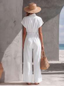Casual Retro-Style Jumpsuit For Vacation, V-Neck With High Collar, Zipper And Drawstring - White - View 2