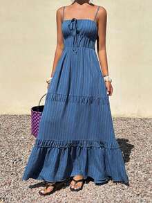Vestido midi con tirantes, volantes en la cintura y lazo para mujer, vestido de verano para vacaciones - Azul - Ver 1
