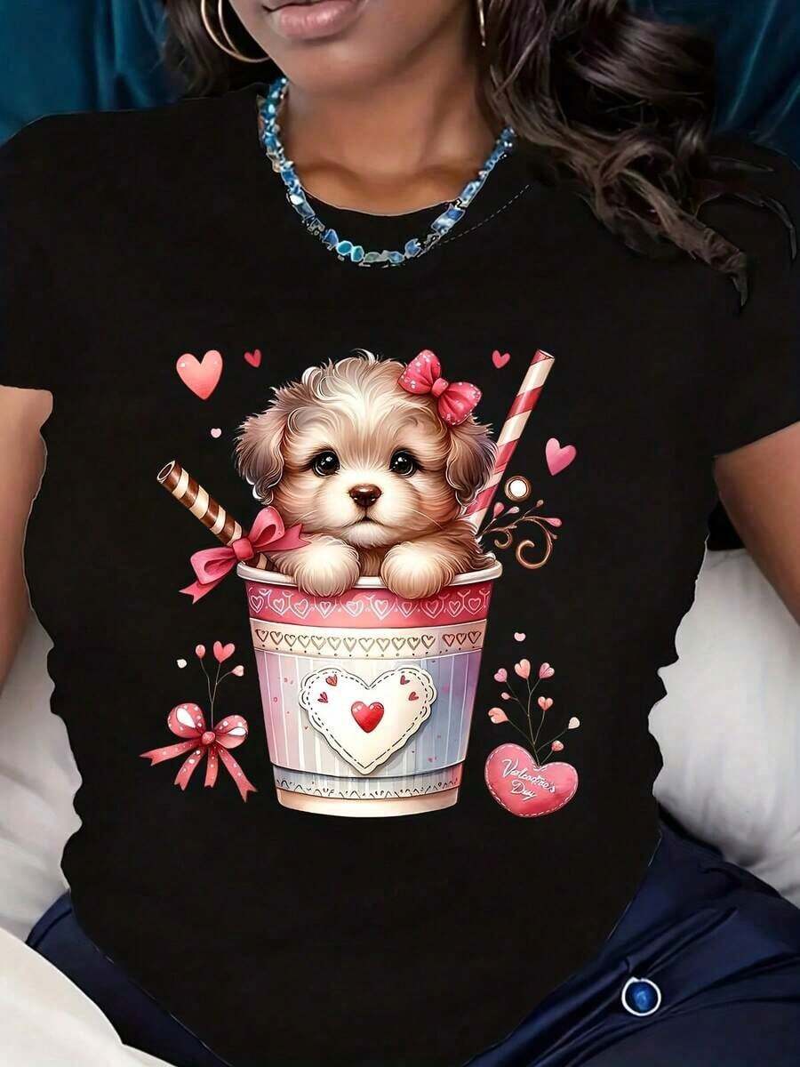 Basic Universal StyleWomen Short Sleeve Puppy In Cup With Hearts And Straws Print T Shirt Casual Valentine Day Wear Comfortable Fabric Perfect As A GiftMexican Cultural Print T-Shirt - Moisture-Wicking Daily Wear Short Sleeve Tee - Negro - Ver 1