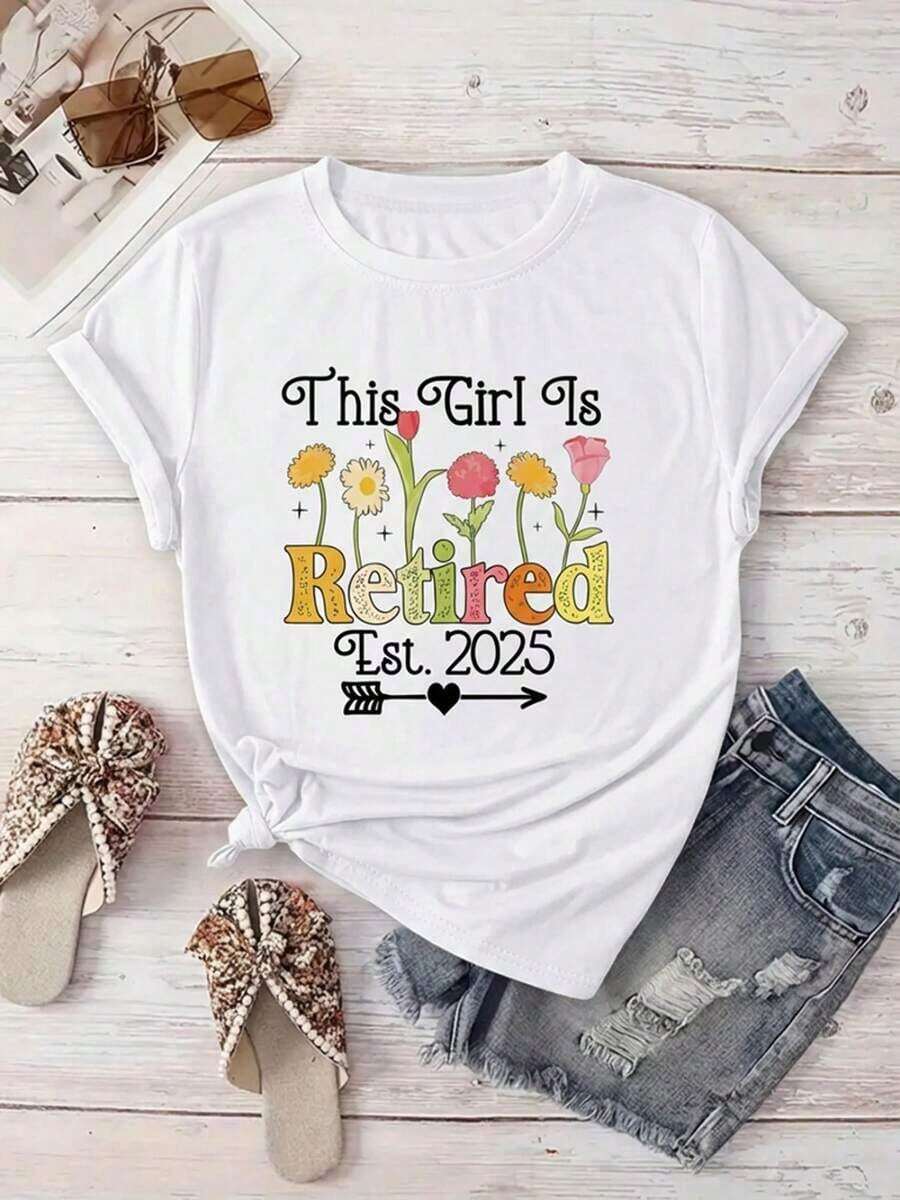 Women's Bohemian T-Shirt From The New Collection With Creative Letter And Flower Print, Casual, Short Sleeve, Round Neck, For Holidays, Spring Summer, Machine Washable, Versatile New Outing Clothes - 白色 - 查看 1