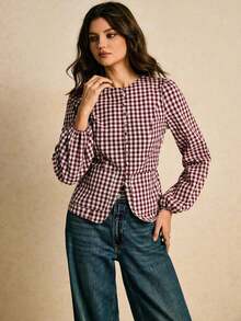 Camisa casual de mujer de manga farol de solapa única a cuadros - Burdeos - Ver 3