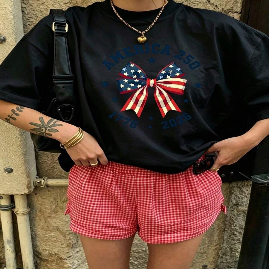 Heartfelt Daily Casual Graphic T-Shirt 100% Cotton Oversized Soft Breathable Casual Crewneck Short Sleeve Top Cute Aesthetic Red Checkered Shorts Street Style Fashion Lovers Casual Wearers Daily Outfit Enthusiasts Gift Givers Holiday Gift Trendy Basic