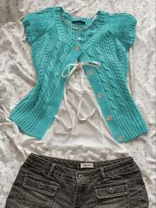 Nuevo cárdigan vintage con botones delanteros y tejido de punto calado - Agua verde azul - Ver 4