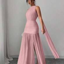 Vestido plisado con abertura y espalda descubierta de unicolor elegante para mujer, de verano - Rosa - Ver 6