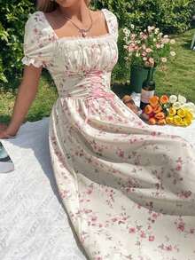 xheGlamine Vestido con cuello de volantes, mangas abullonadas, cintura con lazo y estampado de flores diminutas en patchwork, con estilo francés elegante para vacacionesxhe - Multicolor - Ver 6