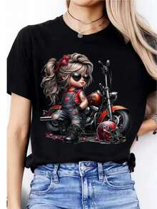 Playera mujer estampado chica biker cartoon con moto roja y detalles de corazón, diseño moderno impresiónérmica, camiseta estilo streetwear juvenil - Negro - Ver 4