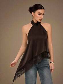 2026 Tall Backless Camisole Top With Elegant Lace Trim, Sexy Patchy Satin Sleeveless Blouse For Parties, Cocktails, Formal Occasions, Christmas, Business Casual - 棕色 - 查看 5