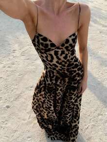 Vestido de mujer sin mangas con estampado de leopardo y espalda descubierta, de cintura alta, de tela tejida elegante, para vacaciones de verano y fiestas - Marrón - Ver 3