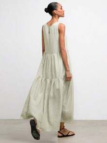 Vestido de dos piezas con diseño de volantes en talla grande, color verde jade, de estilo moderno y casual para vacaciones, con cuello redondo, división horizontal y parches, vestido elegante y cómodo para playa y estilo bohemio - Verde 2 - Ver 2