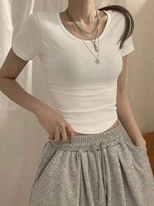 Camiseta de manga corta de mujer de cuello redondo de unicolor básica blanca, para primavera/verano, estilo casual empresarial - Blanco 4 - Ver 3