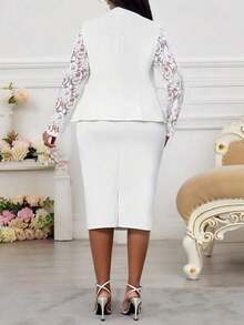 Lady Traje elegante de blazer y vestido de manga larga con cuello de solapa y encaje en contraste para mujer de talla grande - Blanco 3 - Ver 2