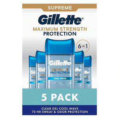  Gillette 6 In 1 Deodorant For Men Clear Gel Antiperspirant, Cool Wave, 3.8 Oz., 5 Pk.