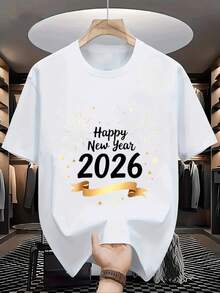 1 Piece Unisex Soft Cotton T-Shirt For Men And Women, Happy New Year 2026 Design, Festive Party Clothes, Gift For The Christmas Season, Summer, Lightweight, Breathable, Short Sleeve - 黑色 - 查看 8