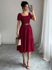 xheElenzga Vestido casual de mujer de unicolor, vestido de manga corta con cuello cuadrado en caqui, vestido de línea A cintura ceñida de punto de cable para vacaciones, de veranoxhe - Rojo - Ver 7