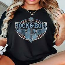 1 Piece Of 100% Cotton Cropped T-Shirt, Casual Round Neck With Print, Creative Guitar Wings, Breathable Short Sleeve For Everyday Wear - 黑色 - 查看 2