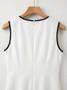 Vestido de línea A con cintura ceñida y decoración de lazo en unicolor para mujer, adecuado para la escuela, picnics de fin de semana, salidas casuales con amigos, de estilo fresco y dulce - Blanco y Negro 3 - Ver 3