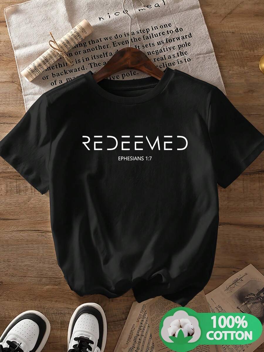 Women's Classic Christian Short-Sleeved T-Shirt With "Bible" "REDEEMED" "EPHESIANS 43" Letter Print. 18cm. New, Round Neck, Fashionable, Breathable, Casual, Versatile, All-Purpose, Can Be Casually Combined For Various Leisure And Entertainment Places And Scenes. - 黑色 - 查看 1