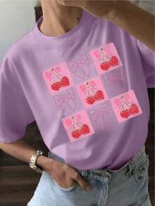 Camiseta Casual de Verano para Mujer YOCASA, con Cuello Redondo, Ajustada y de Manga Corta, con Estampado de Pintura al Óleo, Motivos Florales, de Corazones, de Cerezas y de Letras.Tela sencilla y casual, estilo deportivo, ideal para uso diario y una cita de San Valentín. - VIOLETA-YH137 - Ver 6
