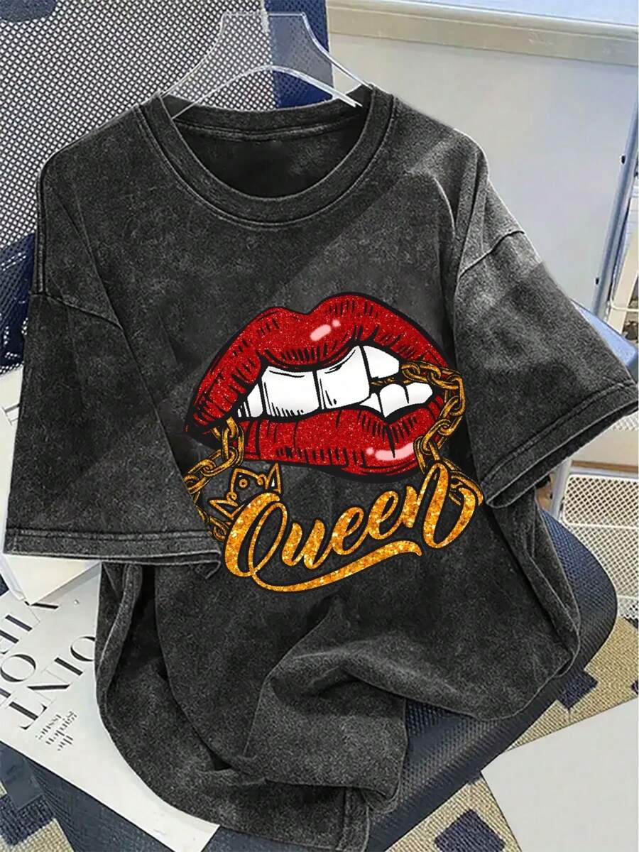 1 Women's Short Sleeve T-Shirt, Pure Cotton, Vintage Wash, Creative And Exquisite Design Of Red Lips And Chains, Fashionable Queen, Suitable For Daily Wear, Soft To The Touch Fabric, A Beautiful Gift For Summer. - 黑色 - 查看 1