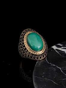 1pc Vintage Oval Green Gemstone Gold Tone Alloy Hollow Exaggerated Ring, Women's Retro Style Finger Jewelry - Gold Ring - View 5