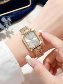 JasonRolls 4PCS/Set, Elegant Ladies' Watch, Simple, Luxurious And Fashionable Square Dial With Unique Design Style, Alloy Material Strap, Including Three Alloy Diamond Studded Bracelets, Suitable For Daily Decoration, Holiday Parties, Back To School Season, Weddings And Other Occasions, Or As The Best Holiday Gift For Friends - Multicolor - View 4