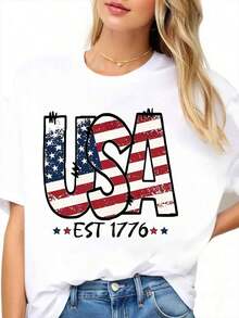 Patriotic US Independence Day T-Shirt With American Flag Design Est. 1776, Celebrate National Pride For 4th Of July Events And American Holidays - Vintage Urban Style, Unisex, 100% Pure Cotton, Short Sleeve, Crew Neck - 白色 - 查看 3