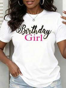 Women's T-Shirt, 100% Cotton, With 'Birthday Girl' Print, Round Neck, Casual Style For Celebrations - Urban Vintage Style, Unisex, Loose Fit, Short Sleeve And Round Neck - 黑色 - 查看 6