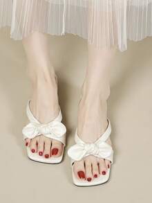 Sandalias para mujer con tacón bajo grueso y ancho, lazo, punta abierta y forma cuadrada, sandalias tipo mule casuales de verano sin cordones - Blanco - Ver 7