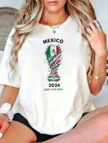Camiseta de mujer con la bandera de México, estilo casual, camiseta de mujer con diseño de la Copa Mundial de México 2026, Usa Can Mex, ropa de verano, regalo para aficionados al fútbol. -Estampado lavable con agua que no se despega. - Blanco - Ver 1