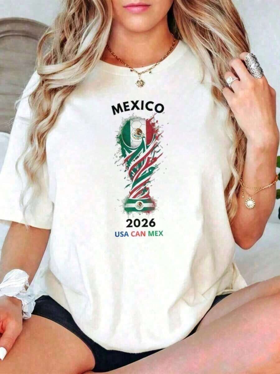 Camiseta de mujer con la bandera de México, estilo casual, camiseta de mujer con diseño de la Copa Mundial de México 2026, Usa Can Mex, ropa de verano, regalo para aficionados al fútbol. -Estampado lavable con agua que no se despega. - Blanco - Ver 1