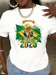 Camiseta de manga corta con cuello redondo y estampado para mujer Brazuca Bandera Mundial 2026 Trofeo S-3XL moda, cómodo y transpirable unio lavable a máquina - Blanco - Ver 2