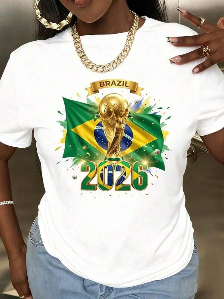 Camiseta de manga corta con cuello redondo y estampado para mujer Brazuca Bandera Mundial 2026 Trofeo S-3XL moda, cómodo y transpirable unio lavable a máquina