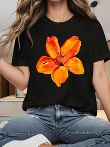 Camiseta de Mujer con Estampado Floral, Diseño de Lirios Naranjas, Top Casual de Verano, Corte Holgado, Camiseta Blanca - Negro - Ver 6