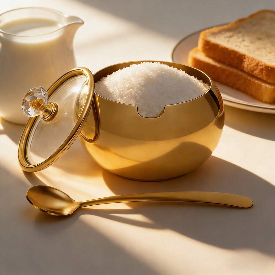 Elegant Stainless Steel Gold Sugar Canister With Glass Lid And Spoon, Perfect For Coffee Bar And Kitchen Storage, Dishwasher , Wide Mouth Design