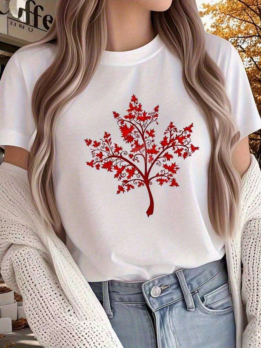 Women's Premium Quality Graphic T-Shirt, 180g Cotton, Red Maple Leaf Print - Loose Fit, Breathable, Crew Neck, Short Sleeve, Suitable For Casual Wear, Parties, Holidays And Work - Machine Washable For All Seasons, Vintage Style - 白色 - 查看 1