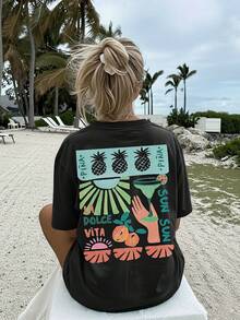 1 Piece [Double-Sided Print] Women's Casual Summer T-Shirt. Cool Style With Pineapple, Sun And Palm Print LA VITA, Short Sleeve, Round Neck, Loose Fit And Dropped Shoulders [LangK] 100% Cotton - 黑色 - 查看 4