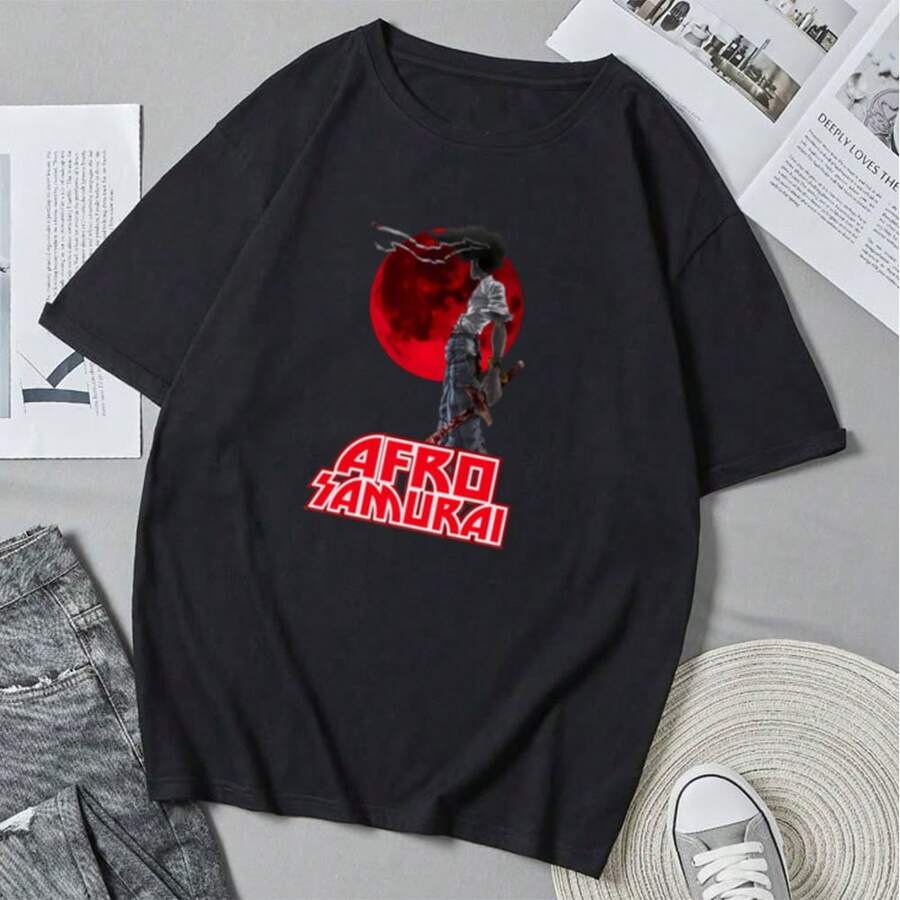 Vintage Anime/Manga Samurai T-Shirt, Featuring A Japanese Afro Style. Unisex T-Shirt With Anime Cartoon Print, Urban Style, Ideal For Summer. - 黑色 - 查看 1