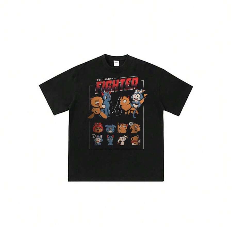 Versus-de-Compañeros-de-Anime Camiseta unisex ligera de manga corta con estampado de figuras de anime clásico para verano - Negro - Ver 1
