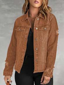 Necooer Women's Denim Jacket Old Wash Button Boyfriend Denim Jacket Jacket With Pocket - màu nâu - Xem 7