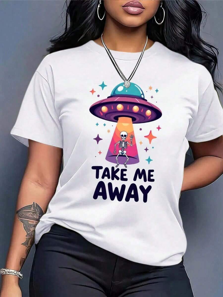 Casual - Women's Oversized T-Shirt - Loose Fit Casual Top For Everyday Wear With 'Take Me Away' Print, Women's T-Shirt, Comfortable Clothing For All Seasons And Themed Events, Relaxed Style, Fun Design, Breathable Material, Eye-Catching T-Shirt, WearFashion - 白色 - 查看 1