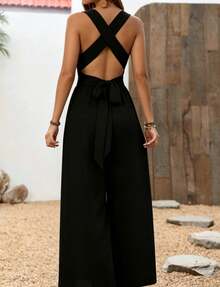Plus Women's Halter Neck Wide Leg Jumpsuit, V-Neck Backless Crisscross Tie Waist Romper, Sleeveless Loose Fit, Lightweight Spring & Summer Outfit For Home, Outdoor & Casual Wear, All Ages,Tropical Vacation Outfits,4th Of July Outfit Women,Tropical Outfits For Women,Tropical Vacation Outfits,Women's Plus-Size Jumpsuit, - Black - View 3