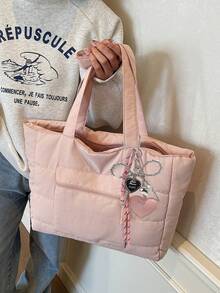 Simple Solid Color New Popular Quilted Tote Bag In Spring And Summer, Lightweight, Practical And Large Capacity With Body Patch Pockets, Shoulder Bag, Zipper Switch, Double Shoulder Straps, High-Value Armpit Bag, Suitable For Commuting To Work, School, Class, Shopping And Storage - Pink - View 5