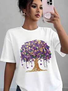 Women's Casual T-Shirt With Purple Tree And Heart Print, Soft And Comfortable, Gift For Valentine's Day, Mother's Day, Birthday - 白色 - 查看 5