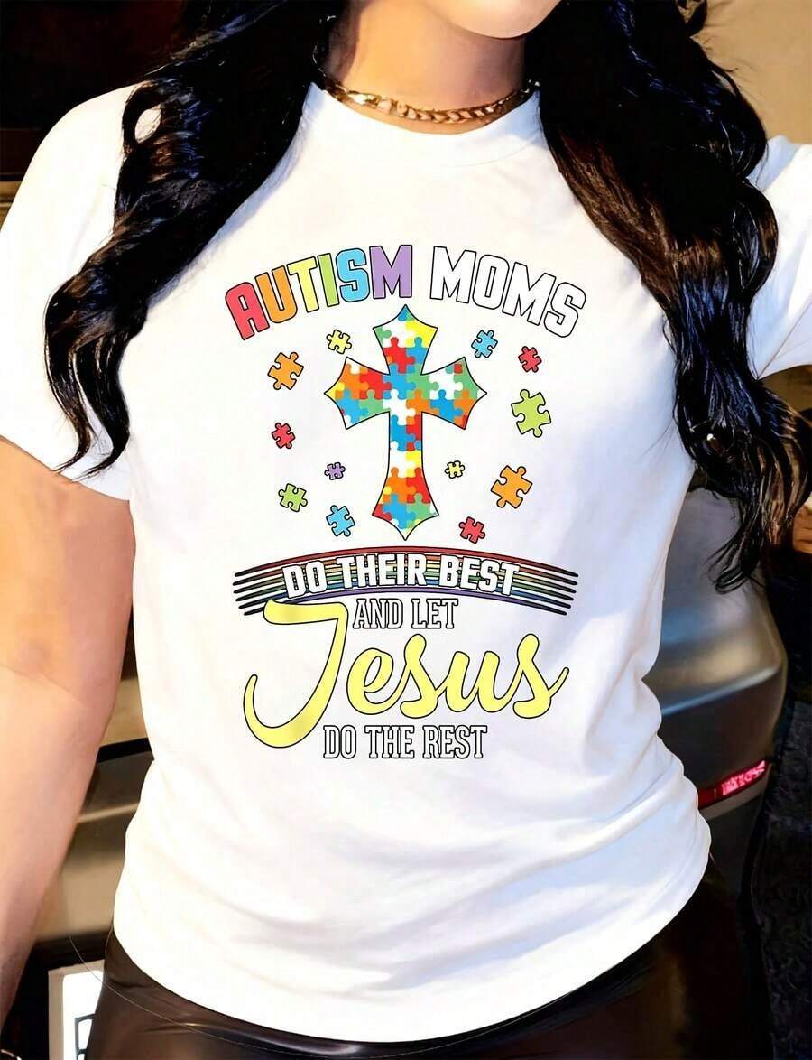 Women's Casual T-Shirt: Autistic Mothers Do Their Best And Let Jesus Do The Rest - Christian T-Shirt - 白色 - 查看 1