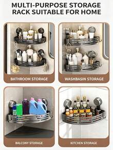 Double-Layer Suction Cup Bathroom Triangle Shelf, No Drilling Required, High Load Bearing, Suitable For Shower And Toilet Wall/Tile, Multi-Function Storage Organizer - Gray-double Layer Suit - View 4