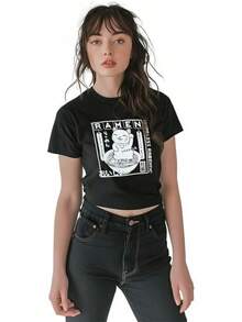 Aditivo Playera Estampada de Mujer con Diseño Gato Ramen, Blusa Casual Dama Moderna y Juvenil, Negra de Manga Corta. - Negro - Ver 6