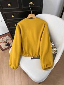 Chaqueta casual de primavera/verano para mujer, elegante y de moda, suelta y suave, de unicolor, con cremallera y bolsillos, chaqueta bomber beige, adecuada para festivales de música/temporada de bodas - Amarillo - Ver 3
